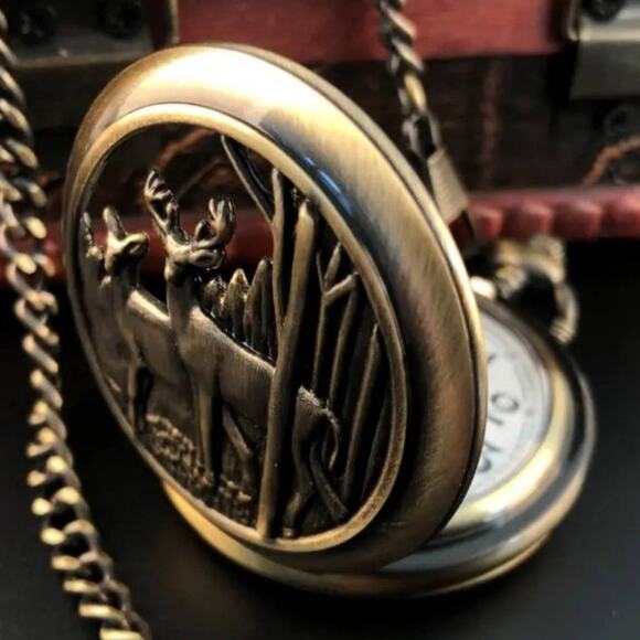 Deer Forrest Pocket Watch Hiking Camping Hunter Nature Scene Solid Bronze - NEW! - Picture 4 of 6